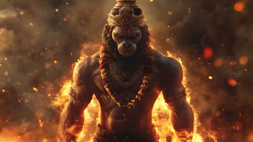 Mythic warrior deity with flames and ornate gold crown.