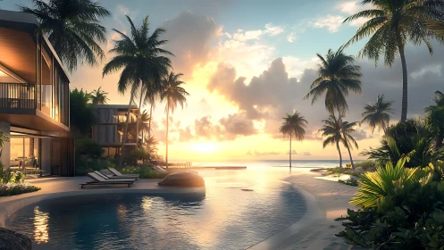 Modern beachfront villas with infinity pool at sunset light.