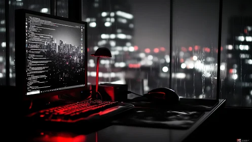 Neon lit coding desk overlooks a rainy cyberpunk city