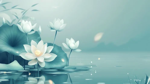 Lotus blossoms over tranquil lake in cool teal palette.