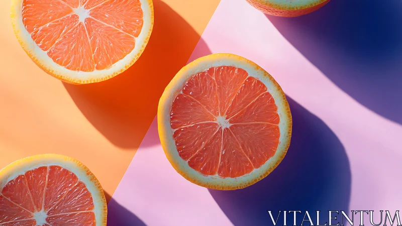 Grapefruit slices glow on pastel orange and pink backdrop.