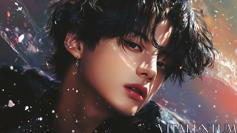 Chromatic portrait of wet-haired youth in refracted splashes.