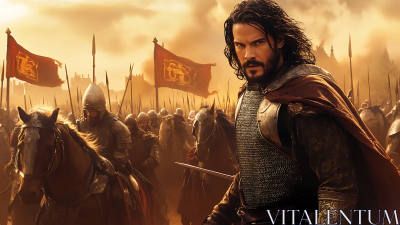 Medieval infantry and cavalry advance under orange battle sky