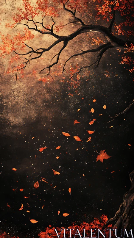 Gentle autumn tree letting glowing scarlet leaves drift away.