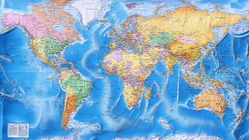 World political map shows continents, countries and oceans