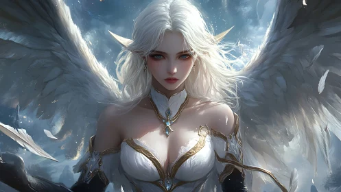 White haired winged warrior angel in ornate armor, front view.
