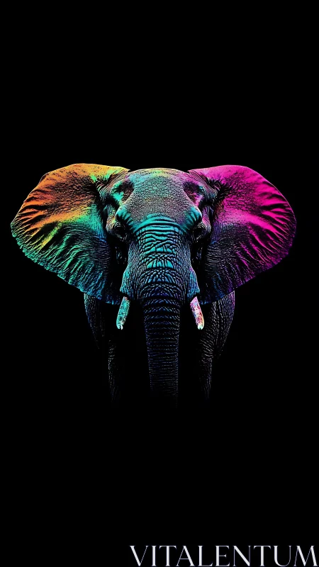 Vibrant neon elephant portrait glows against deep black