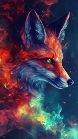 Vibrant fiery fox portrait in swirling glowing colors.