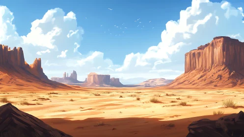 Desert plateau panorama under clear blue midday sky.