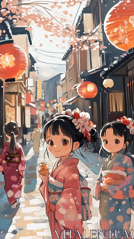 Blossom-lined festival street with joyful kimono-clad kids.