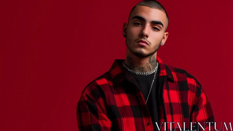 Cool tattooed guy in red flannel sharing relaxed confidence.