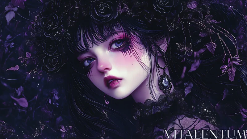 Dreamy gothic girl in violet roses and moonlit shadows.