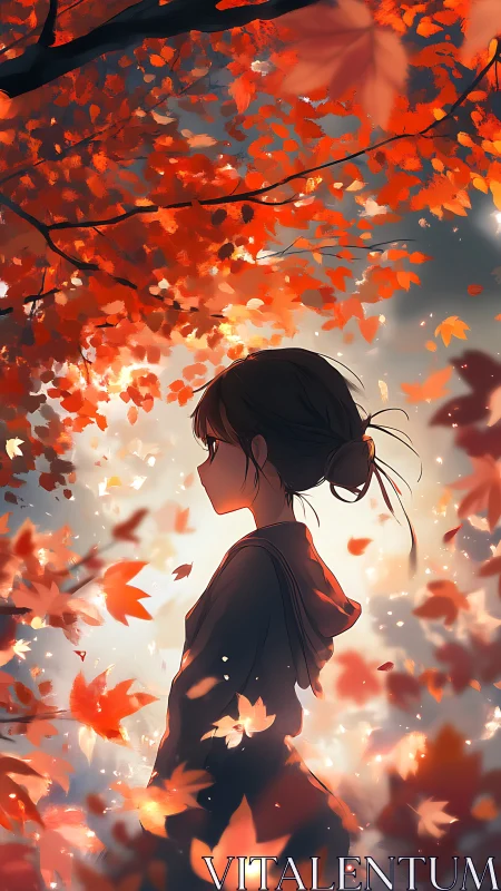 Quiet girl in glowing autumn leaves and gentle light.