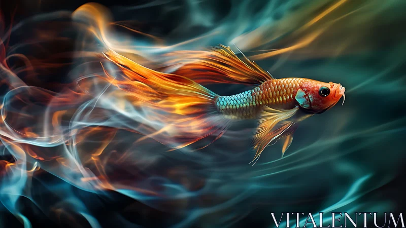 Fiery betta fish streaks through swirling smoke and color.