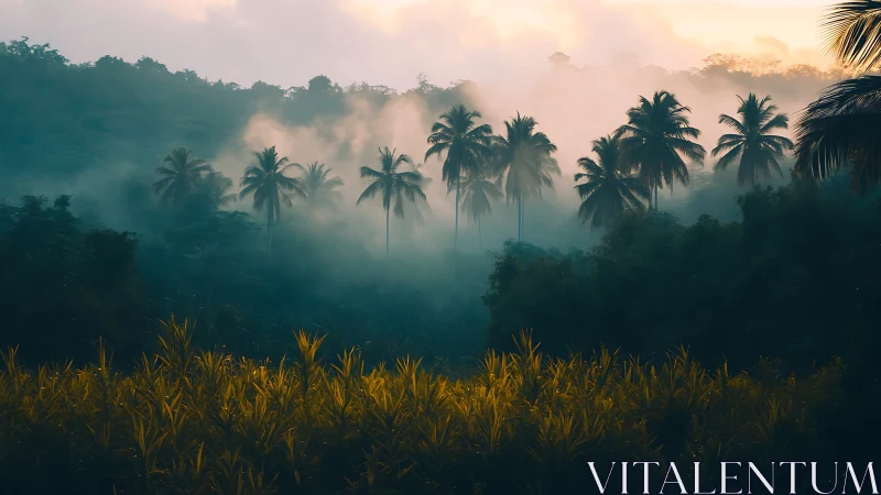 Misty tropical landscape at dawn over palm forest.