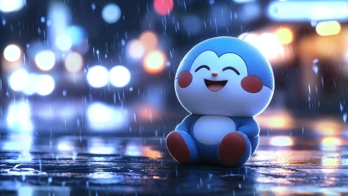 Rainy sidewalk turns into toy penguin’s glowing playground