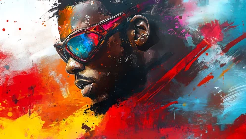 Neon portrait explodes through abstract red and cyan fields.