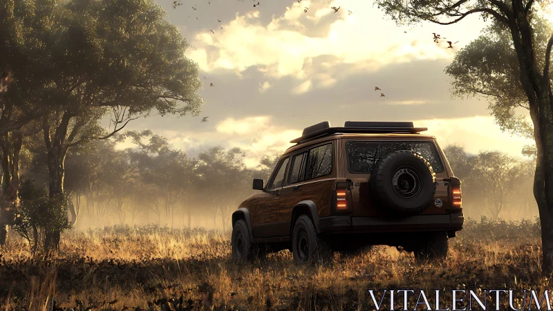 Off-road SUV in golden-hour savanna with atmospheric haze