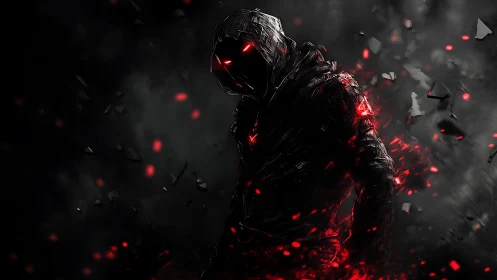 Hooded humanoid silhouette with red energy on dark field.