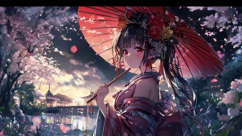 Girl in kimono under parasol amid evening cherry blossoms.