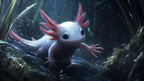 Juvenile axolotl in submerged aquatic habitat at night.