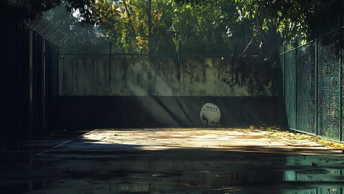 Lonely ball in rainlit court where sunlight lingers quietly.