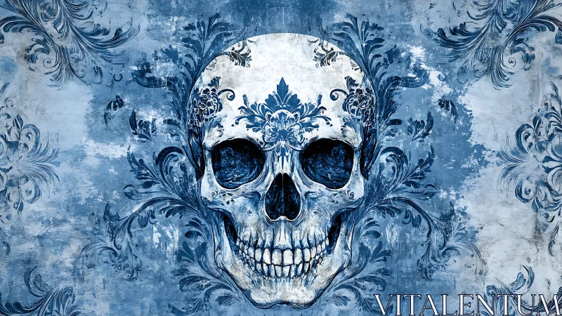 Ornate blue human skull merges baroque florals with decay