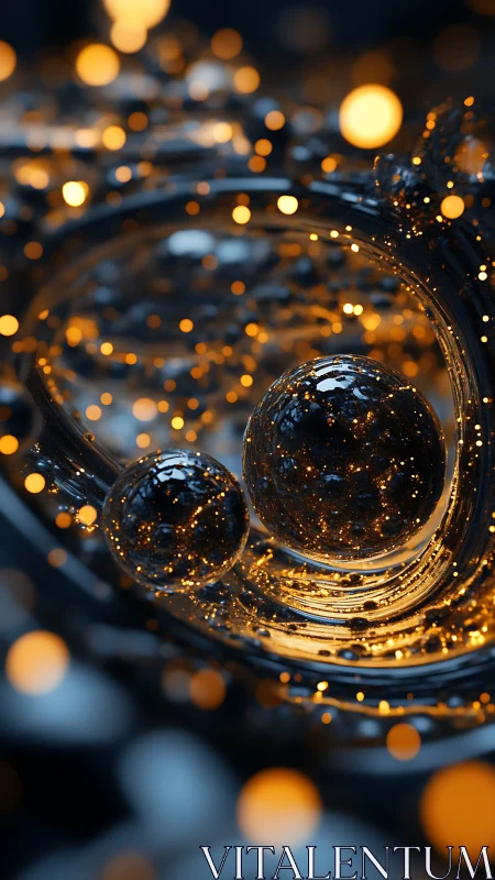 Glass spheres suspend within swirling bokeh light field