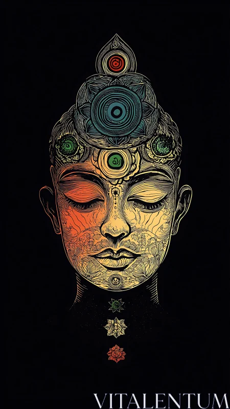Meditative chakra portrait rendered in ornate neon lines.