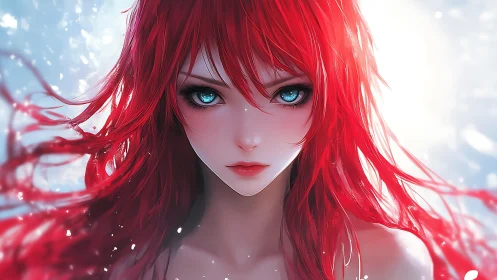 Storm-eyed siren with crimson hair in glimmering frostlight.
