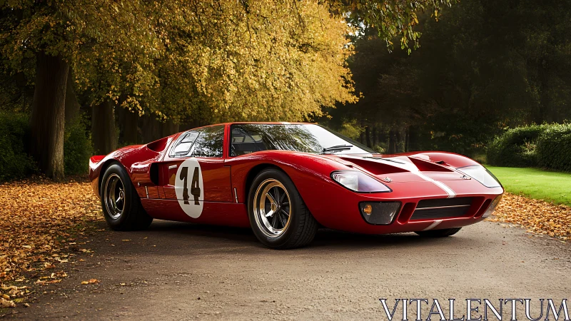 Red vintage race car under golden autumn trees. Period.