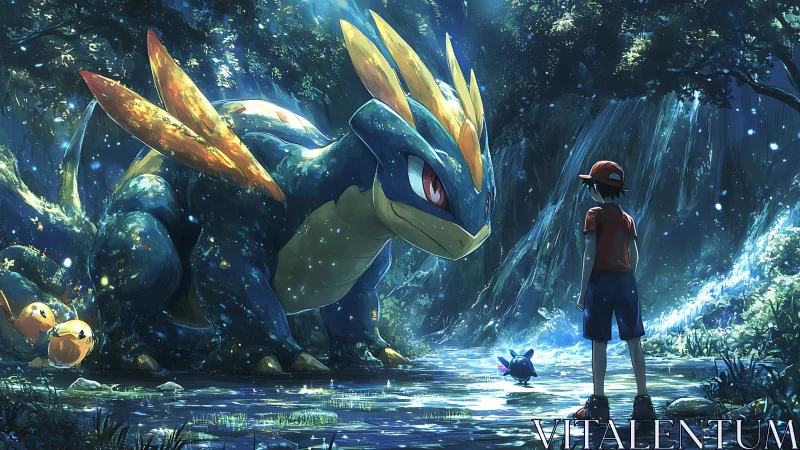 Trainer faces large blue dragon creature in glowing forest