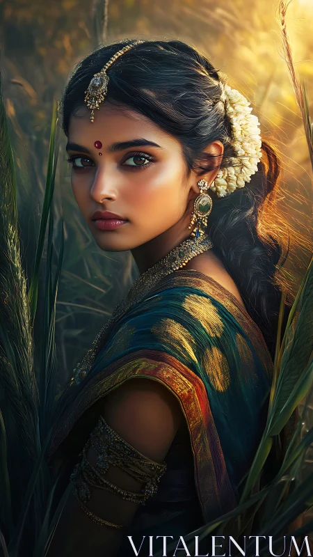 Digital painting portrait with luminous ethnic adornment study.
