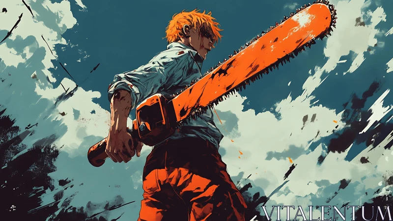 Chainsaw warrior under storm-slashed sky, dynamic stance.