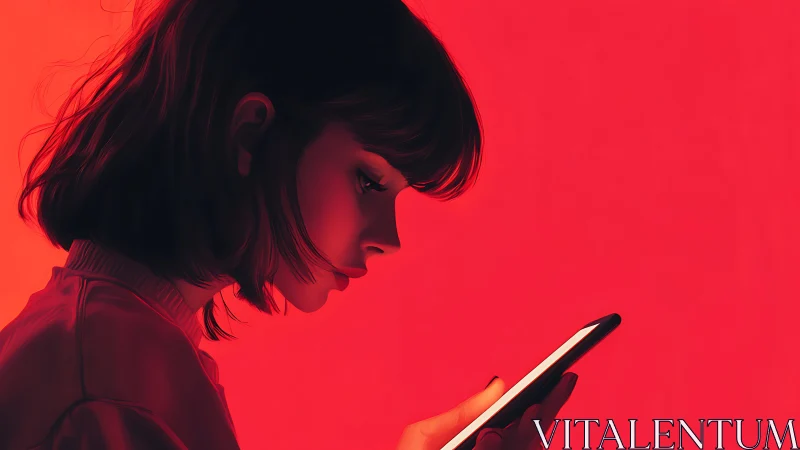 Side profile girl lit by phone in bold red glow.