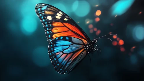 Iridescent butterfly rendered against cyan bokeh field