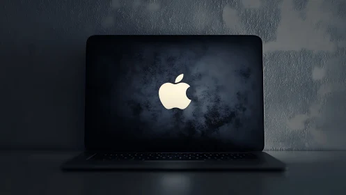 Closed dark laptop with illuminated apple logo on lid.
