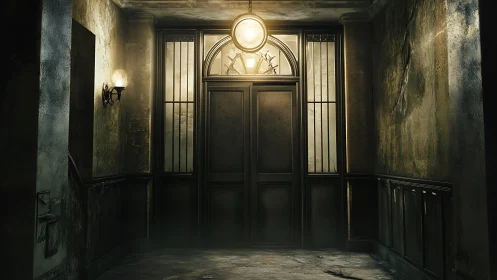 Dimly lit vintage hallway frames a mysterious locked door.