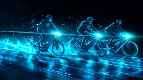 Glowing night riders racing through a neon blue dreamscape.