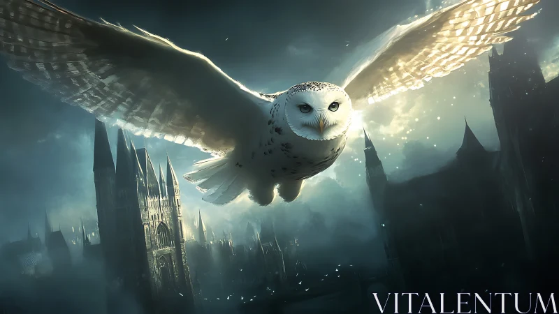 Snowy owl in flight above gothic cityscape at dusk.