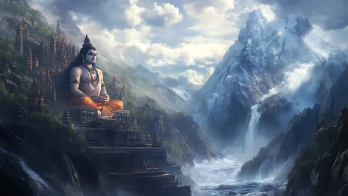 Colossal seated deity statue dominates misty terraced mountain temple