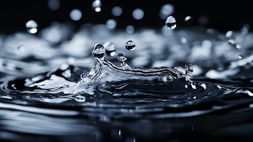 Gleaming water droplet crown amid dark reflective ripples.