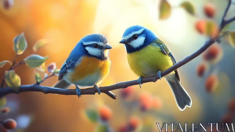 Two Colorful Blue Tits on Branch in Soft Autumn Light, Realistic Style.