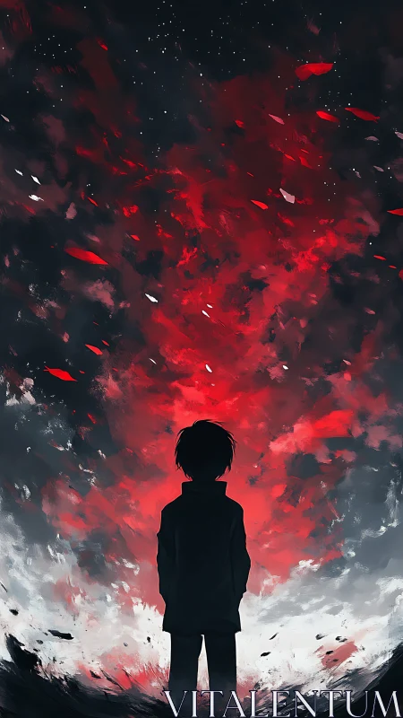 Backlit silhouette observes turbulent red nebula sky in profile