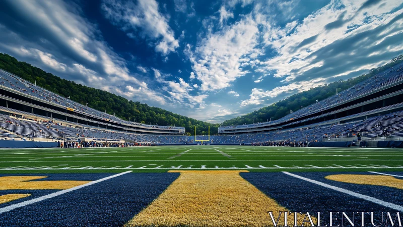 Symmetrical football stadium field under dynamic cumulus sky
