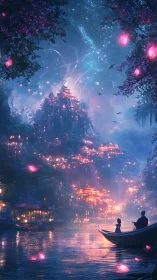 Lantern lit riverside village under starry twilight sky.