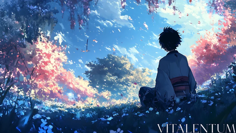 Backlit kimono figure observing high-saturation spring canopy gradients