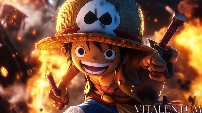 Straw hat anime hero charging through fiery battlefield.