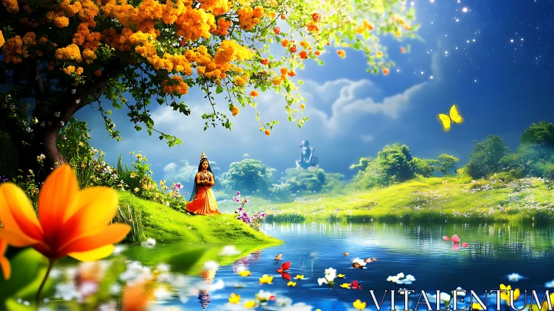 Mythic riverside meditation under flowering tree and starlit sky