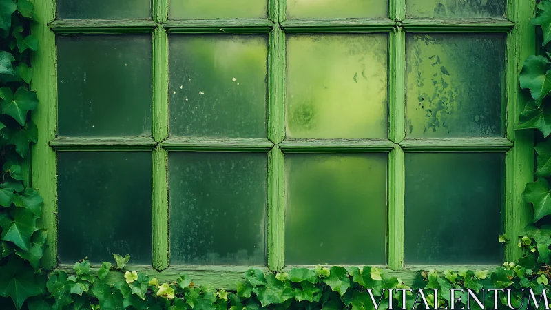 Green painted window with frosted panes and climbing ivy.